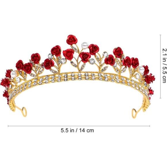 Red Rose Bridal Tiara Bride Headdress Alloy Rhinestone Wedding Crown for Prom, main image 7